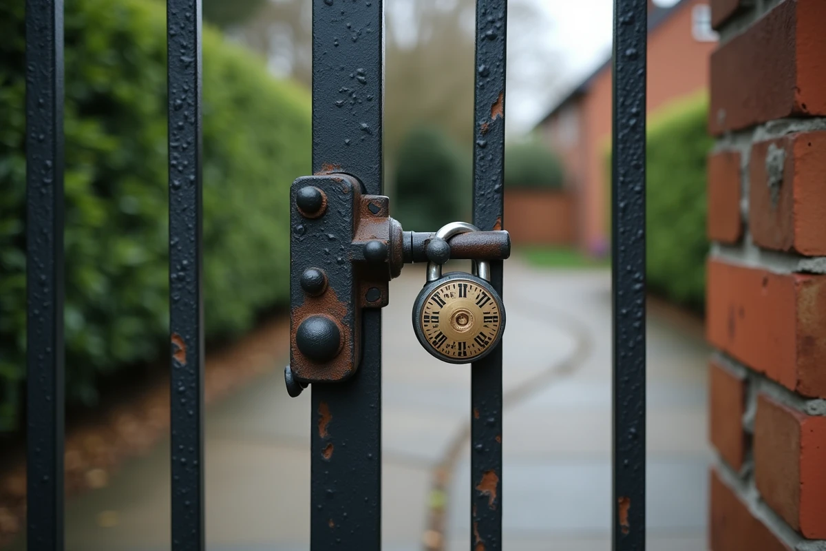 Gros plan sur un cadenas combinaison et un loquet renforcé installés sur un portail en fer forgé pour sécuriser une entrée de propriété