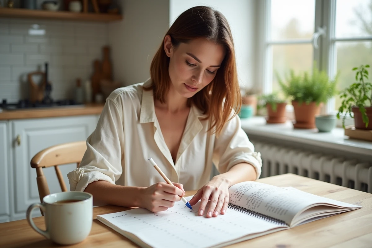 Femme consultant un calendrier lunaire 2026 à la maison pour planifier sa coupe de cheveux