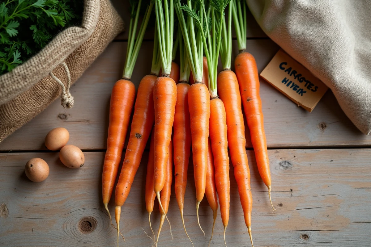 Carottes fraîches disposées sur une table de ferme avec un sac en jute et une étiquette de conservation hivernale