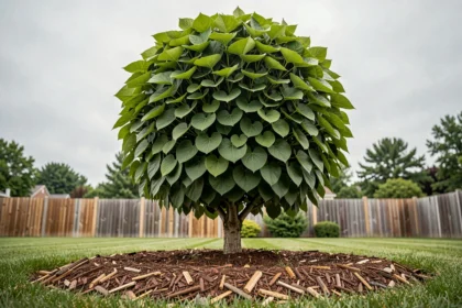 Catalpa boule avec paillage au pied de l'arbre dans un jardin bien entretenu