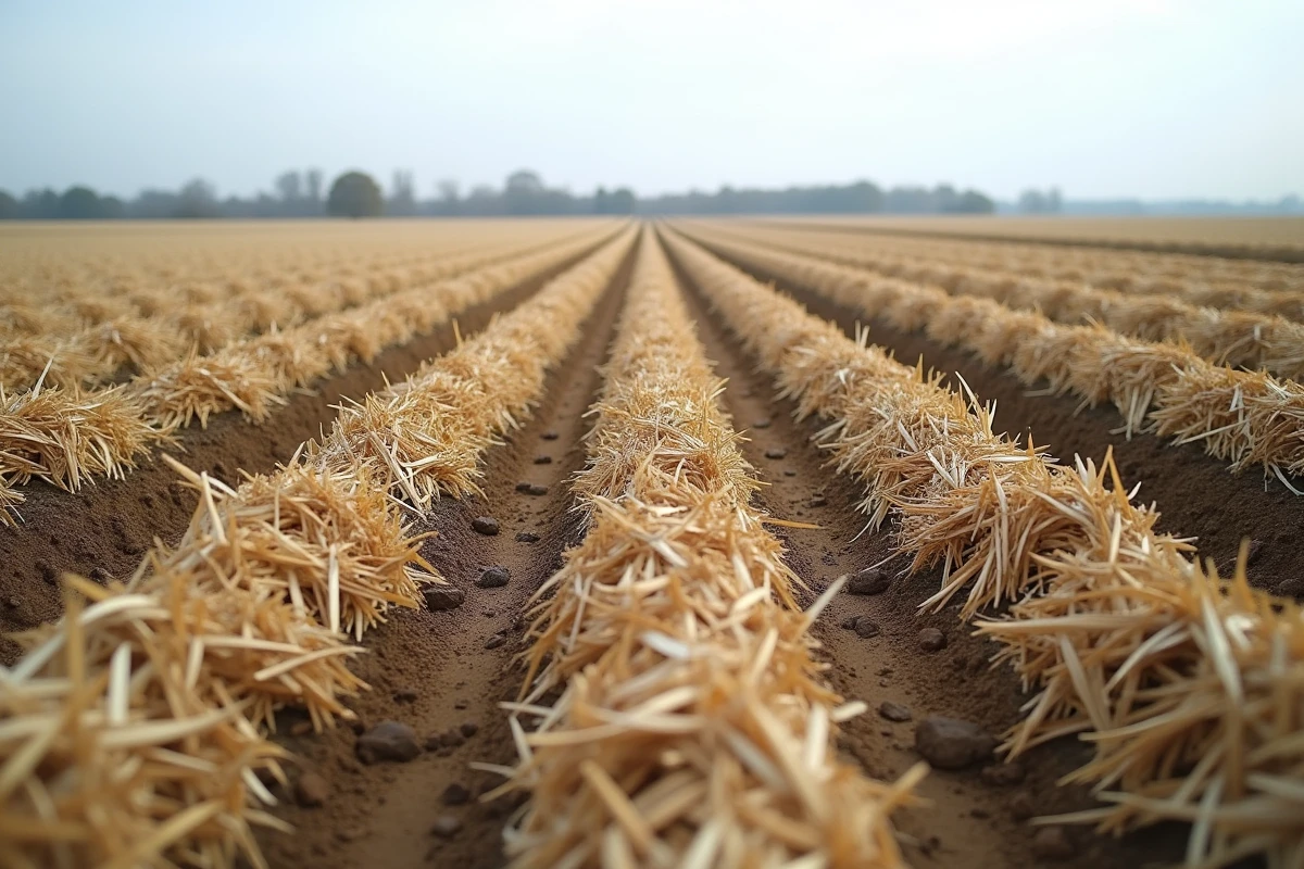 Champ agricole en automne avec paille épandue sur sol labouré en cours de décomposition naturelle