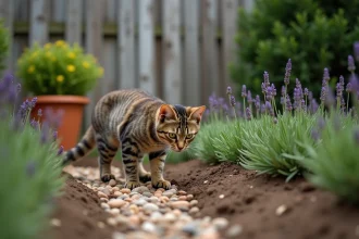 Chat roux s'approchant d'un parterre de lavande dans un jardin, avec une clôture en bois en arrière-plan