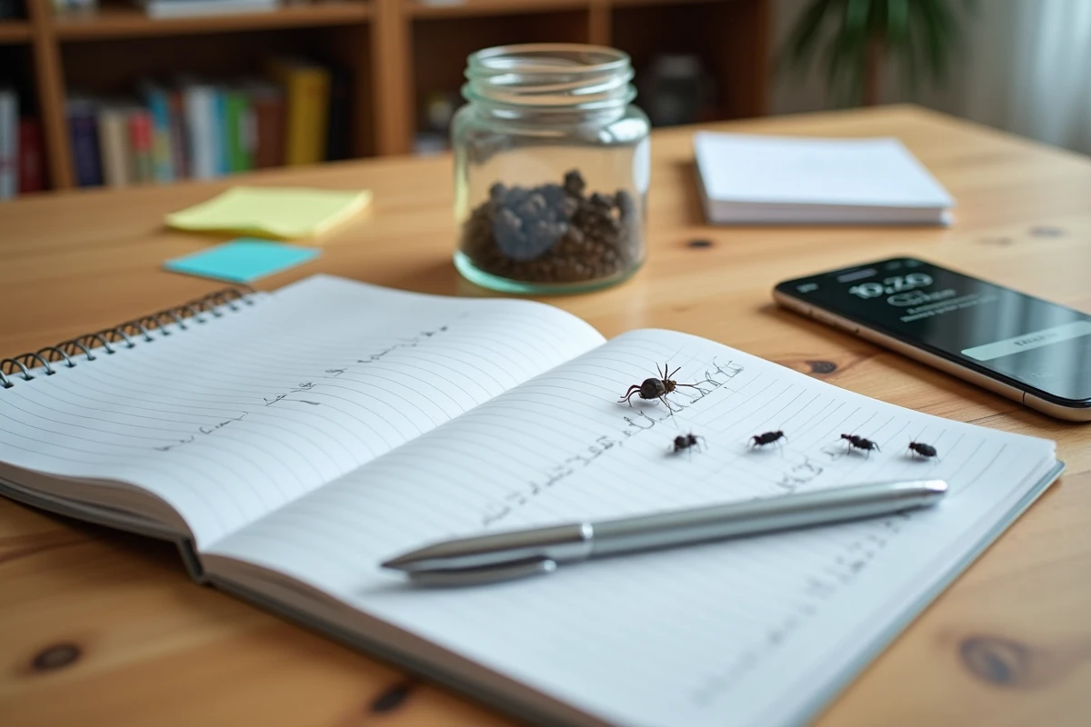 Check-list et insectes noirs sauteurs capturés dans un bocal en verre sur un bureau, avant d'appeler un exterminateur