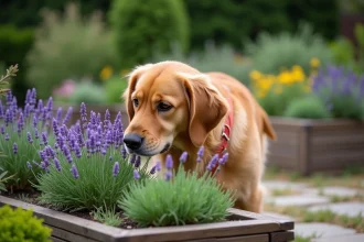 Chien golden retriever reniflant des plantes aromatiques dans un jardin sensoriel aménagé avec des massifs en bois et des herbes variées
