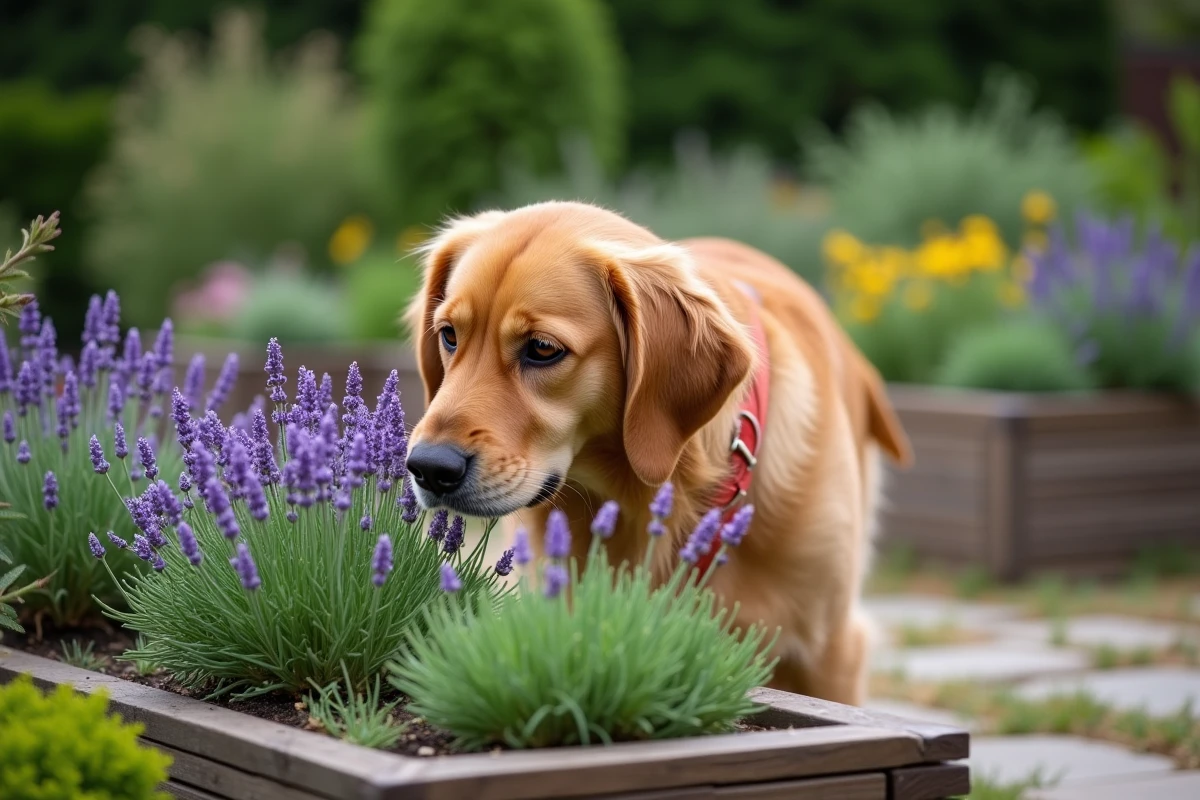 Chien golden retriever reniflant des plantes aromatiques dans un jardin sensoriel aménagé avec des massifs en bois et des herbes variées