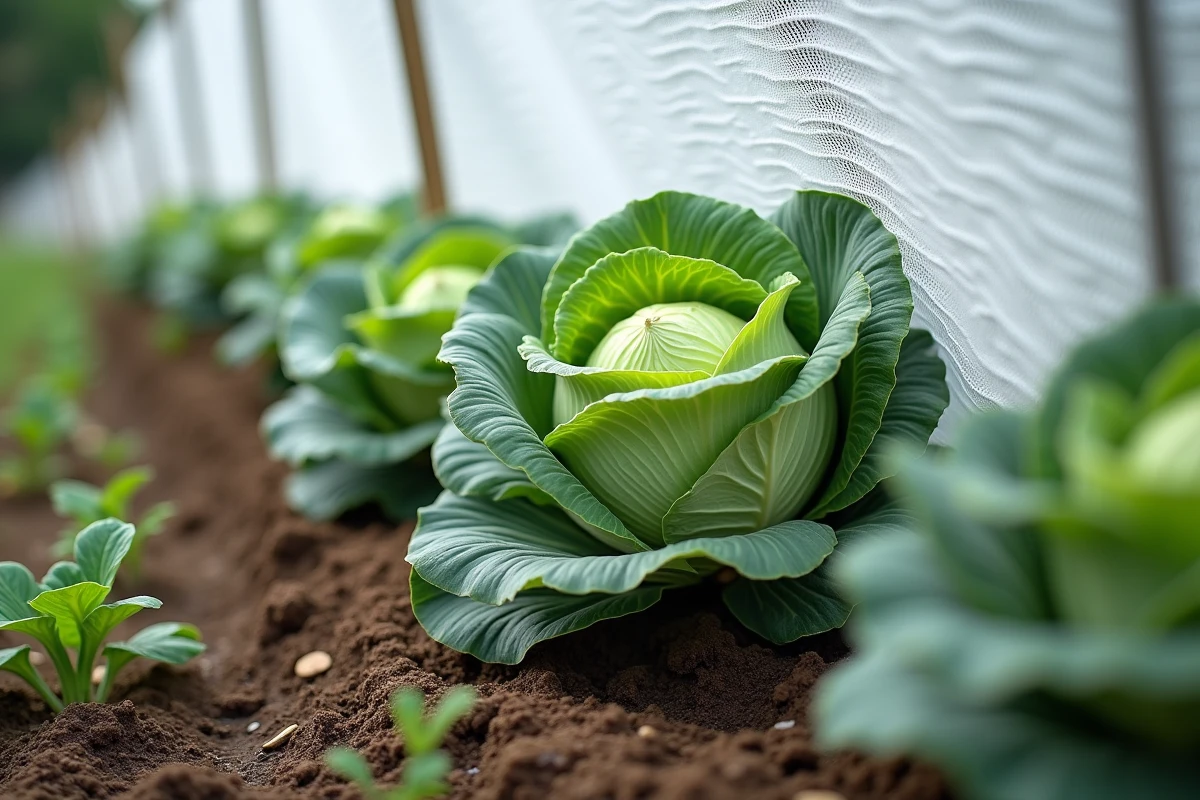Choux matures appuyant contre le filet anti-insectes dans un jardin potager