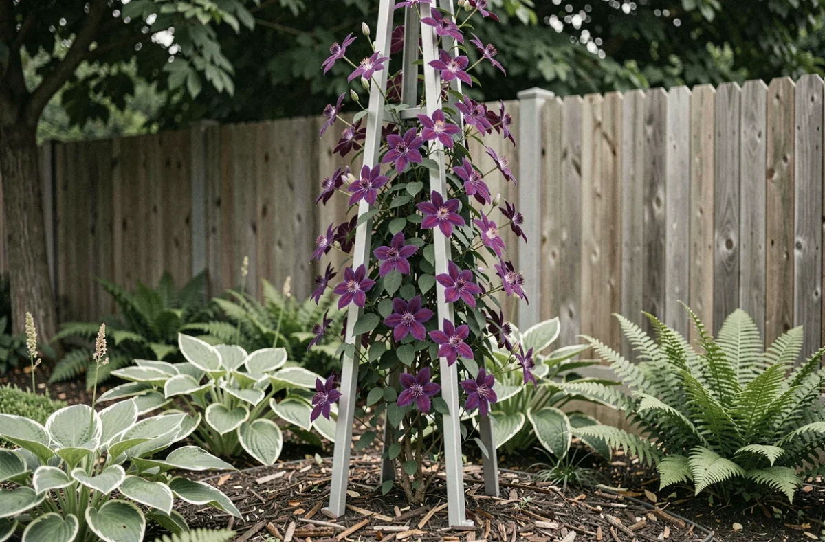 Clématite violette en pleine floraison fixée sur un obélisque en métal, protégée par un paillis épais au pied de la plante en été