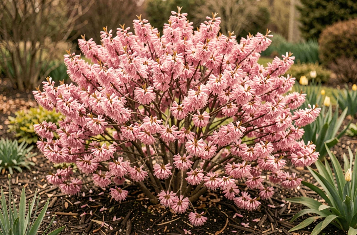 Colina Josta en fleurs au printemps avec fleurs roses abondantes dans un jardin