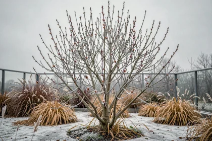 Arbuste Colina Josta résistant au gel avec branches givrées dans un jardin hivernal