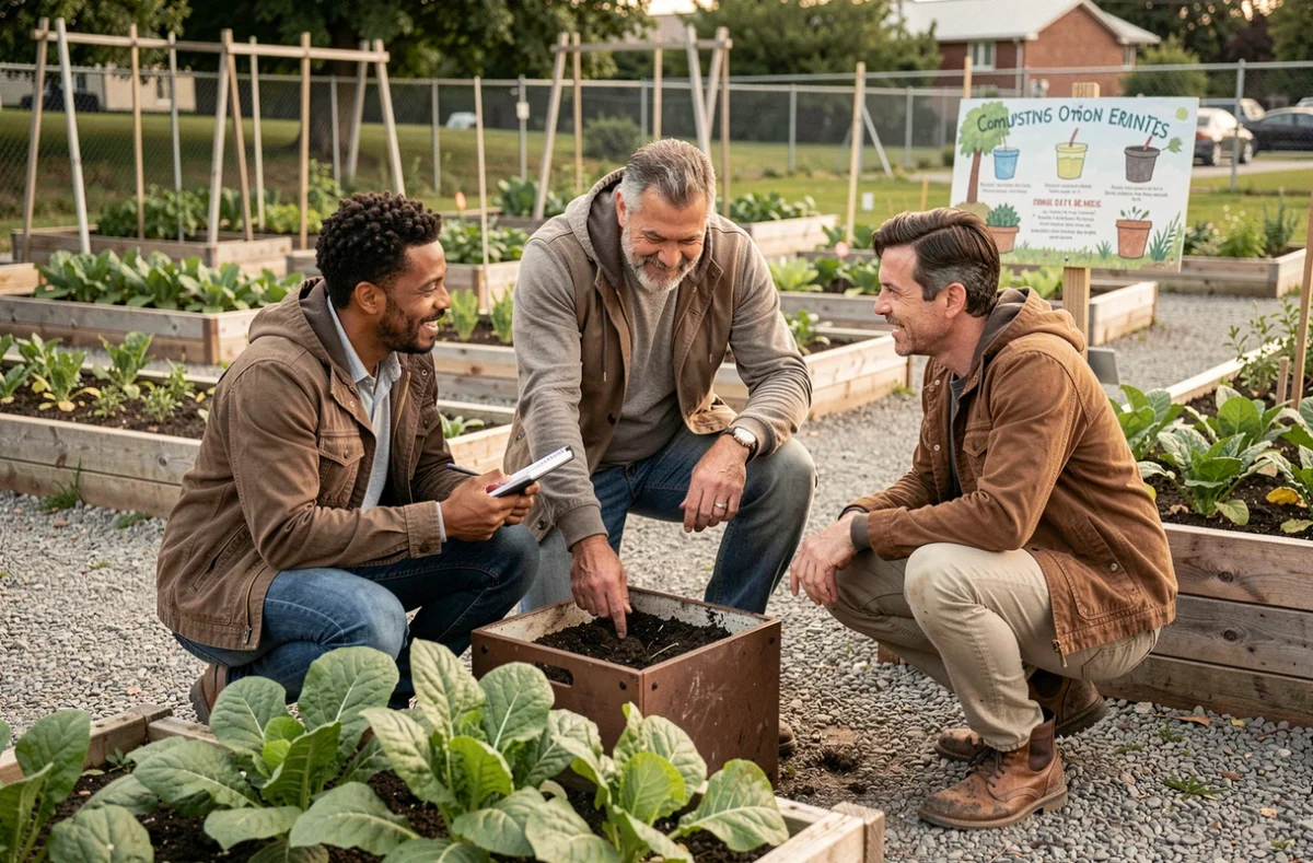 Groupe de jardiniers en communauté discutant autour d'un composteur dans un jardin partagé urbain, illustrant le jardinage collectif et durable