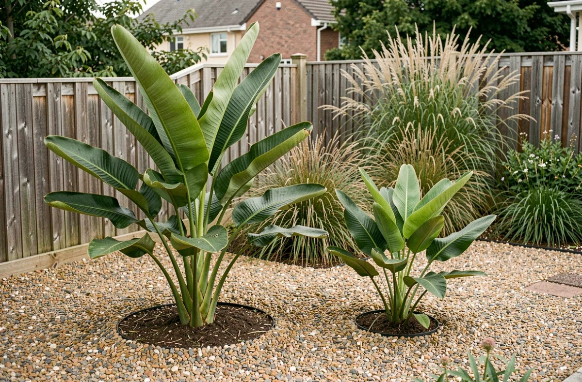 Comparaison entre bananier ornemental Musa basjoo et Musa velutina dans un jardin aménagé