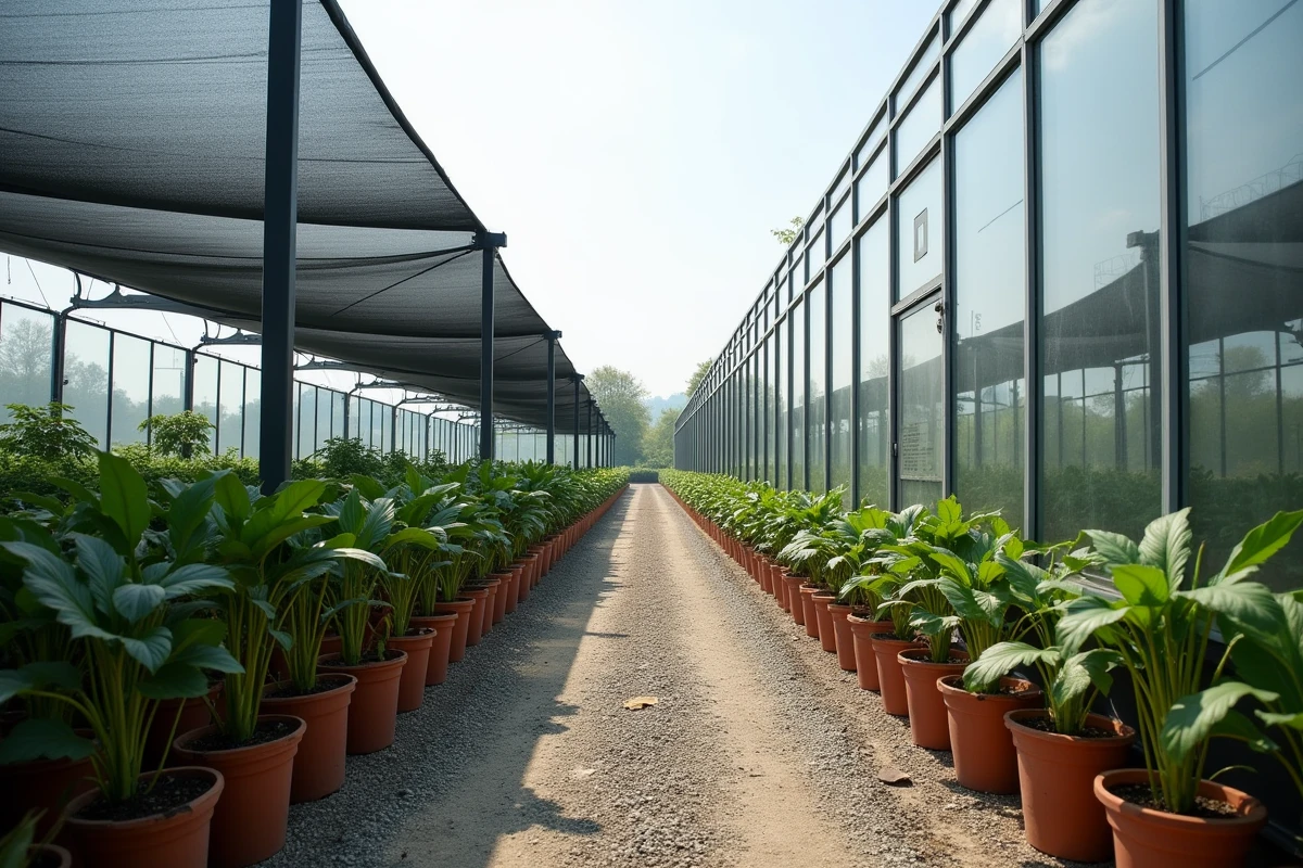 Comparaison côte à côte d'une ombrière à filet d'ombrage et d'une serre en verre dans une installation horticole