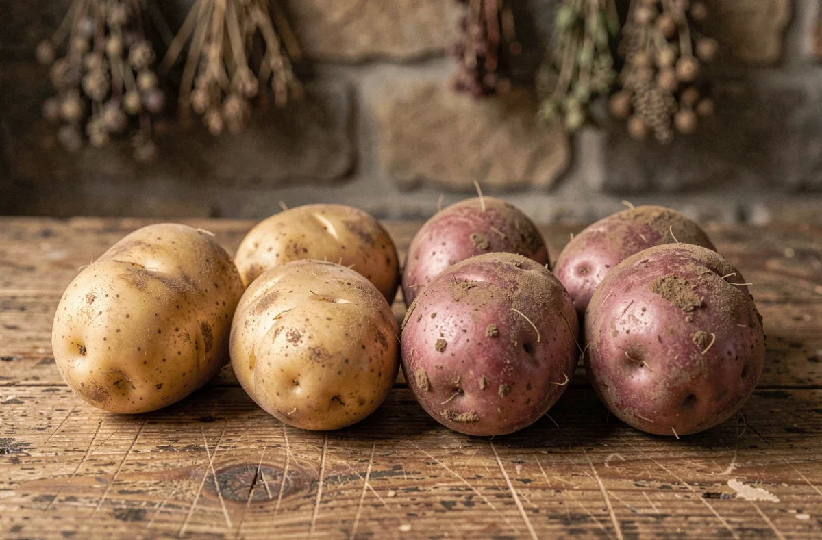 Comparaison visuelle entre pommes de terre nouvelles et de conservation posées sur une table en bois rustique