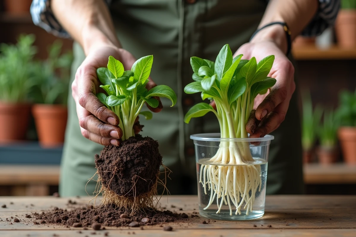 Comparaison de racines de plantes cultivées en terre et en hydroponie tenues dans des mains de jardinier