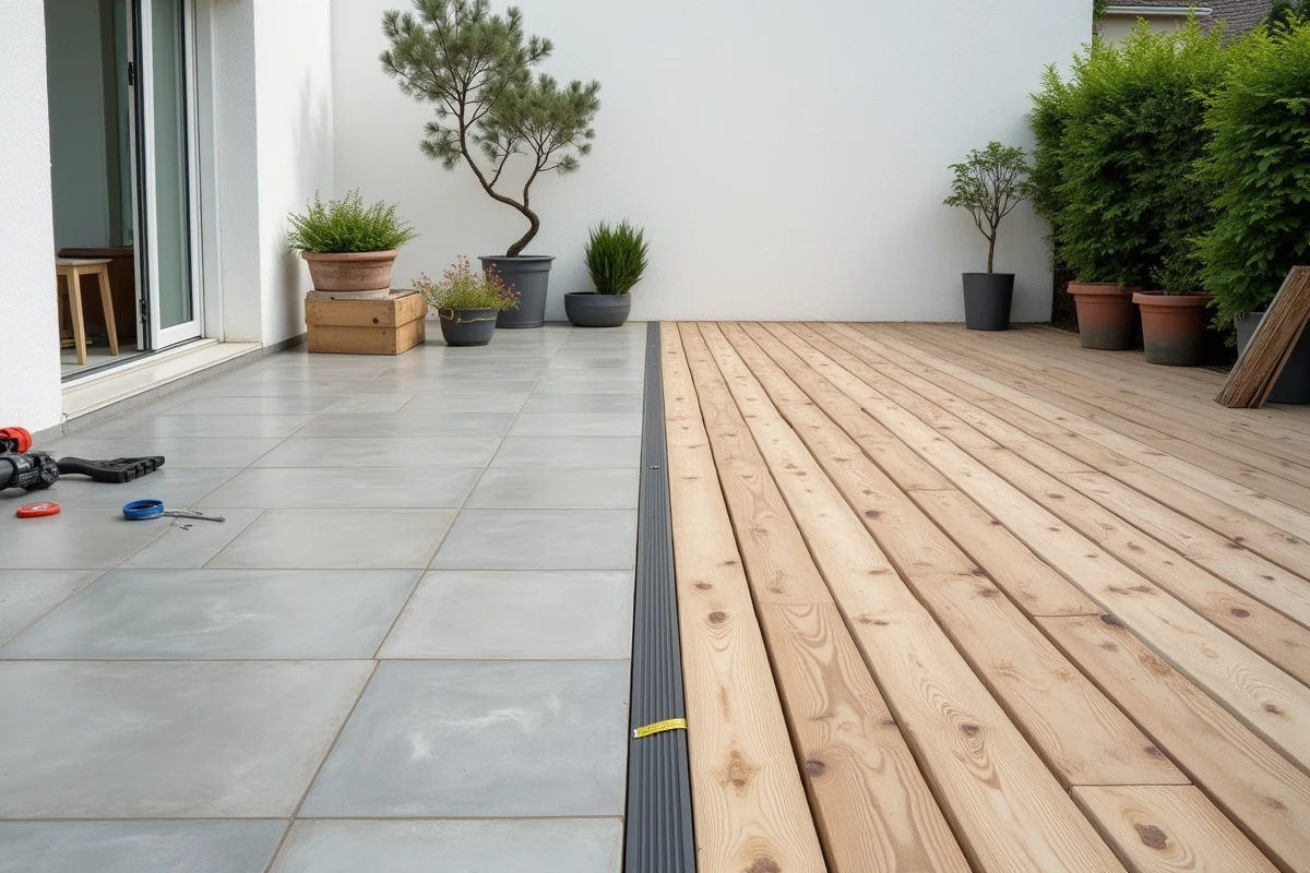 Terrasse en cours de rénovation montrant un comparatif entre carrelage en grès cérame et lames de bois traité