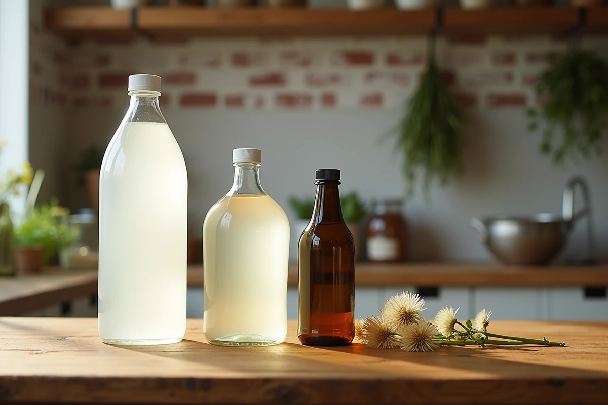 Comparatif de trois bouteilles de vinaigre blanc cristal et ménager posées sur une table en bois rustique