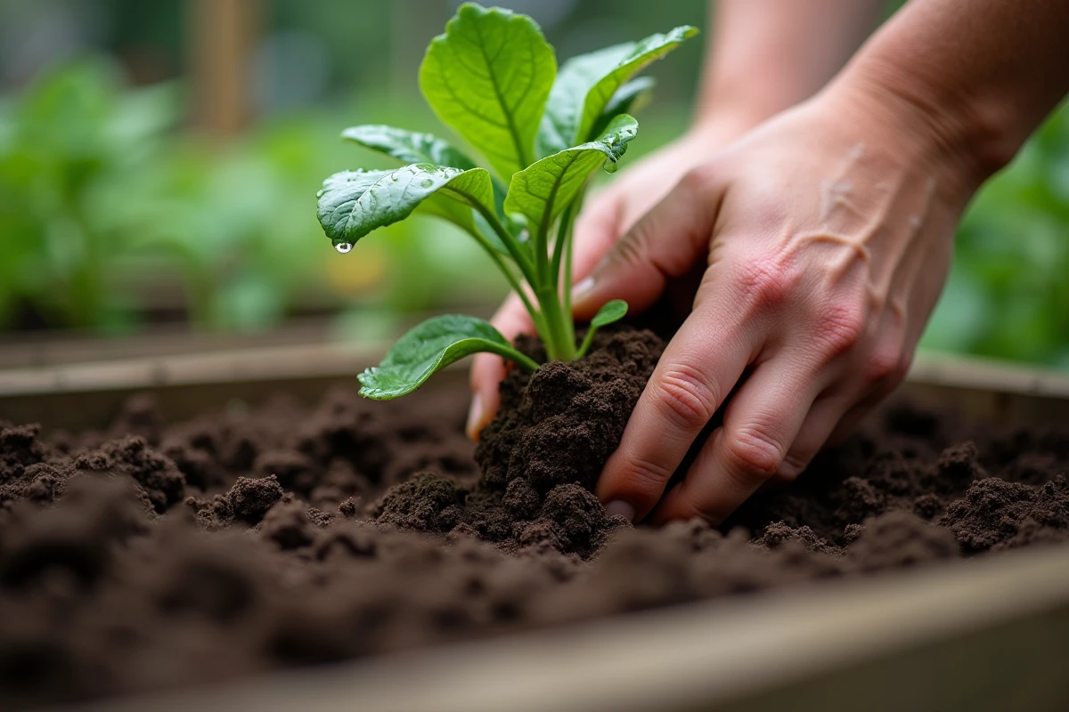 Gros plan de mains pressant du compost humide autour d'un plant de poivron pour conserver l'humidité du sol