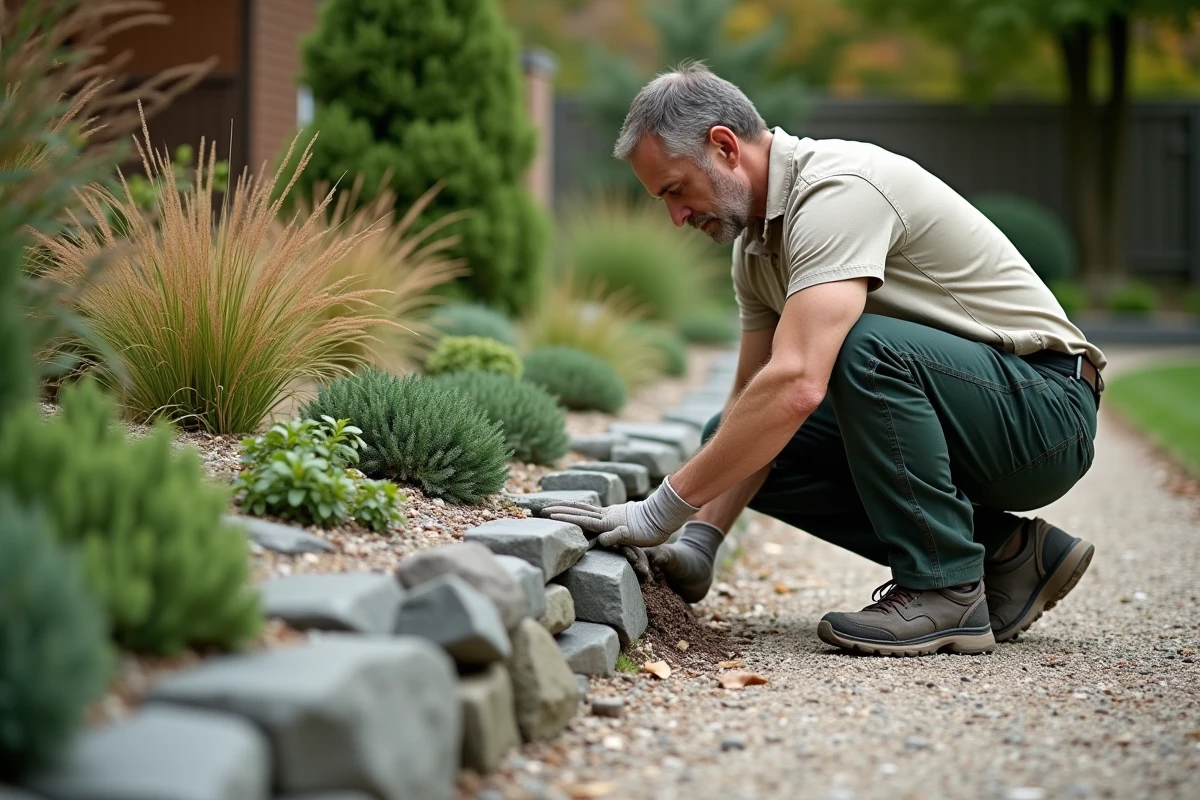 Homme construisant un massif rocailleux avec des pierres de schiste et des plantes couvre-sol le long d'un chemin de jardin