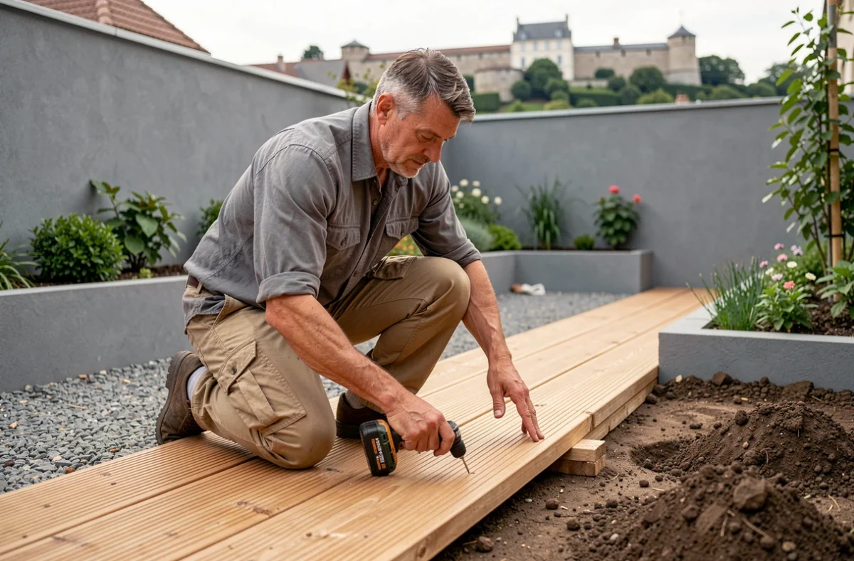 Artisan de Côté Jardin Paysage posant une terrasse en bois dans un jardin résidentiel moderne à Besançon avec la citadelle en fond
