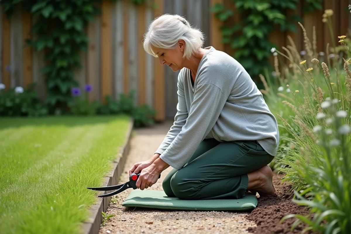 Femme utilisant des cisailles manuelles pour couper l'herbe le long d'un chemin de gravier dans un jardin sans tondeuse