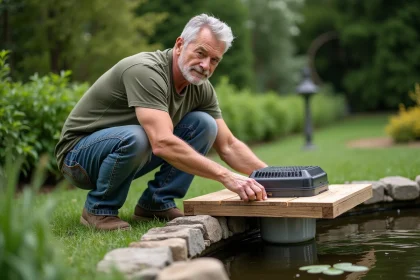 Homme installant un couvercle en bois ajouré sur un filtre de bassin de jardin