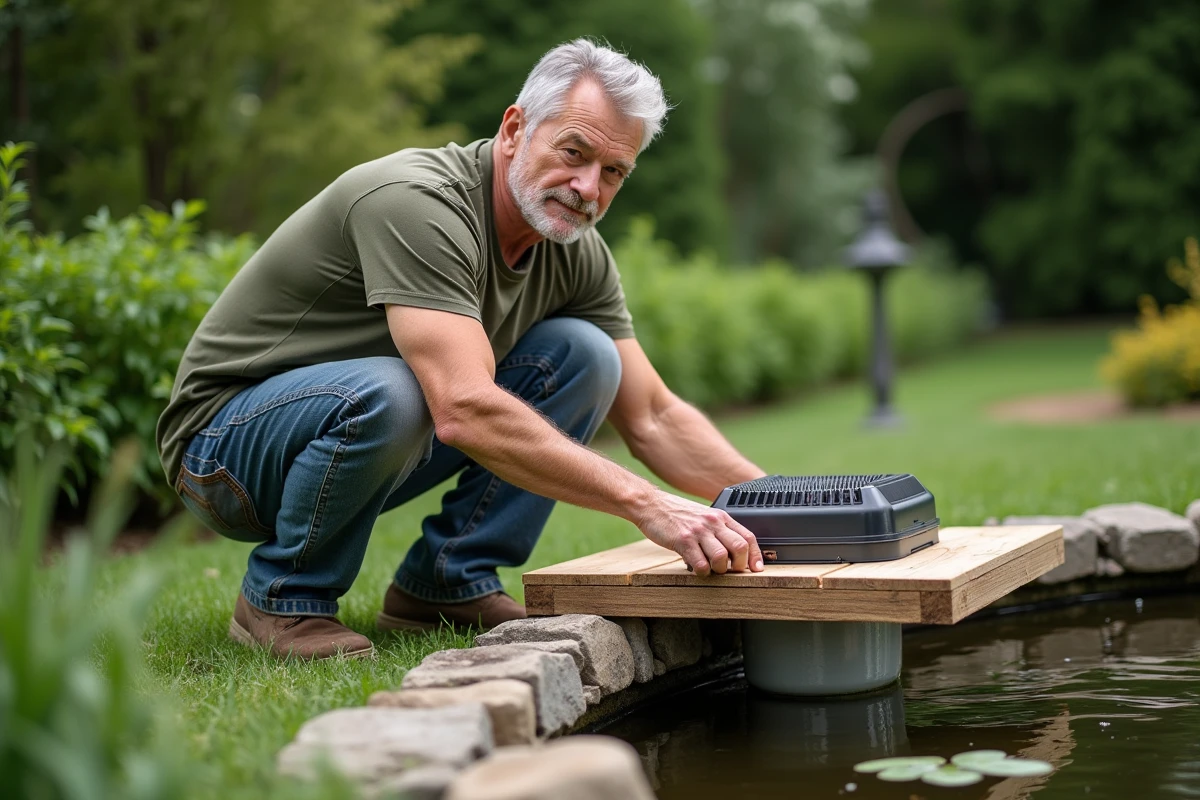 Homme installant un couvercle en bois ajouré sur un filtre de bassin de jardin