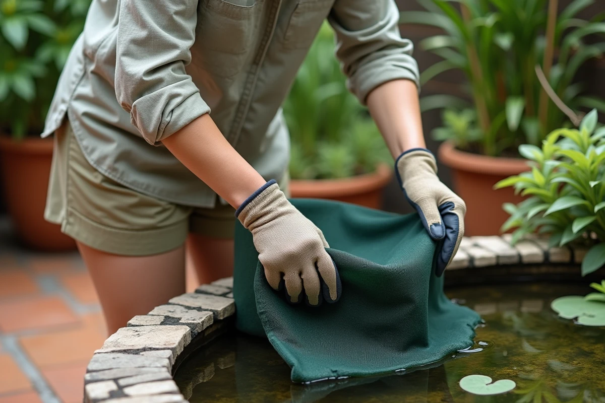 Femme recouvrant un filtre de bassin avec un filet synthétique vert dans un jardin urbain