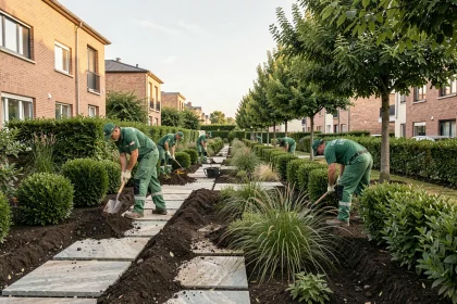 Équipe de paysagistes professionnels en train de créer un jardin contemporain en Seine-Saint-Denis