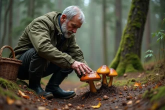 Cueilleur de cèpes en forêt accroupi près de champignons sauvages en automne