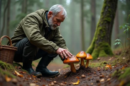 Cueilleur de cèpes en forêt accroupi près de champignons sauvages en automne