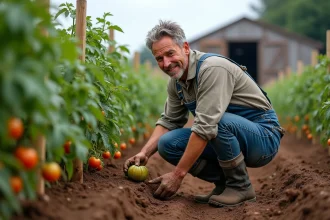 Agriculteur inspectant des plants de tomates cultivés en pleine terre dans un jardin potager traditionnel