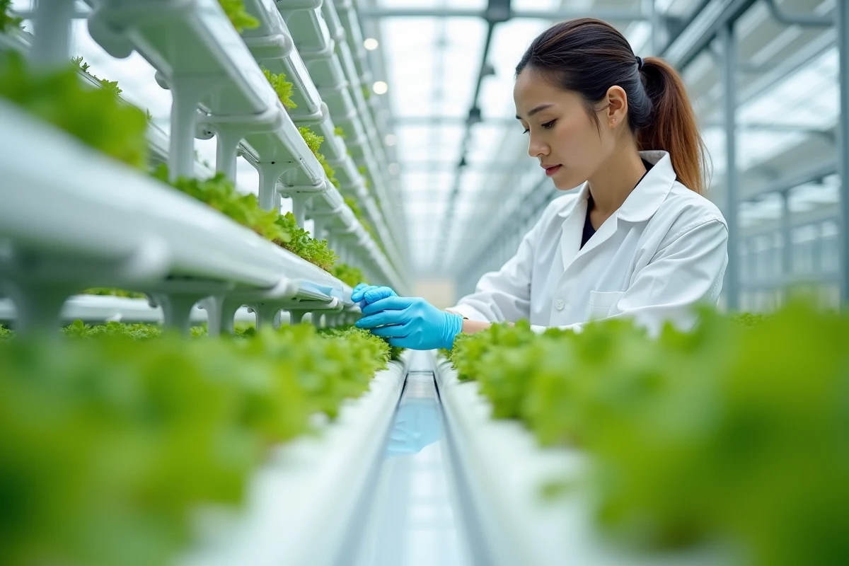 Technicienne agricole surveillant un système hydroponique NFT dans une serre moderne