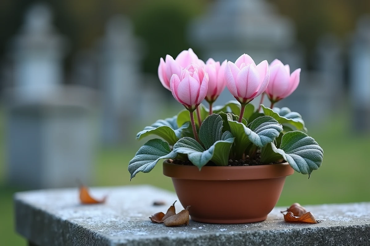 Cyclamen rose en pot de terre cuite sur une margelle de granit dans un cimetière en hiver avec givre
