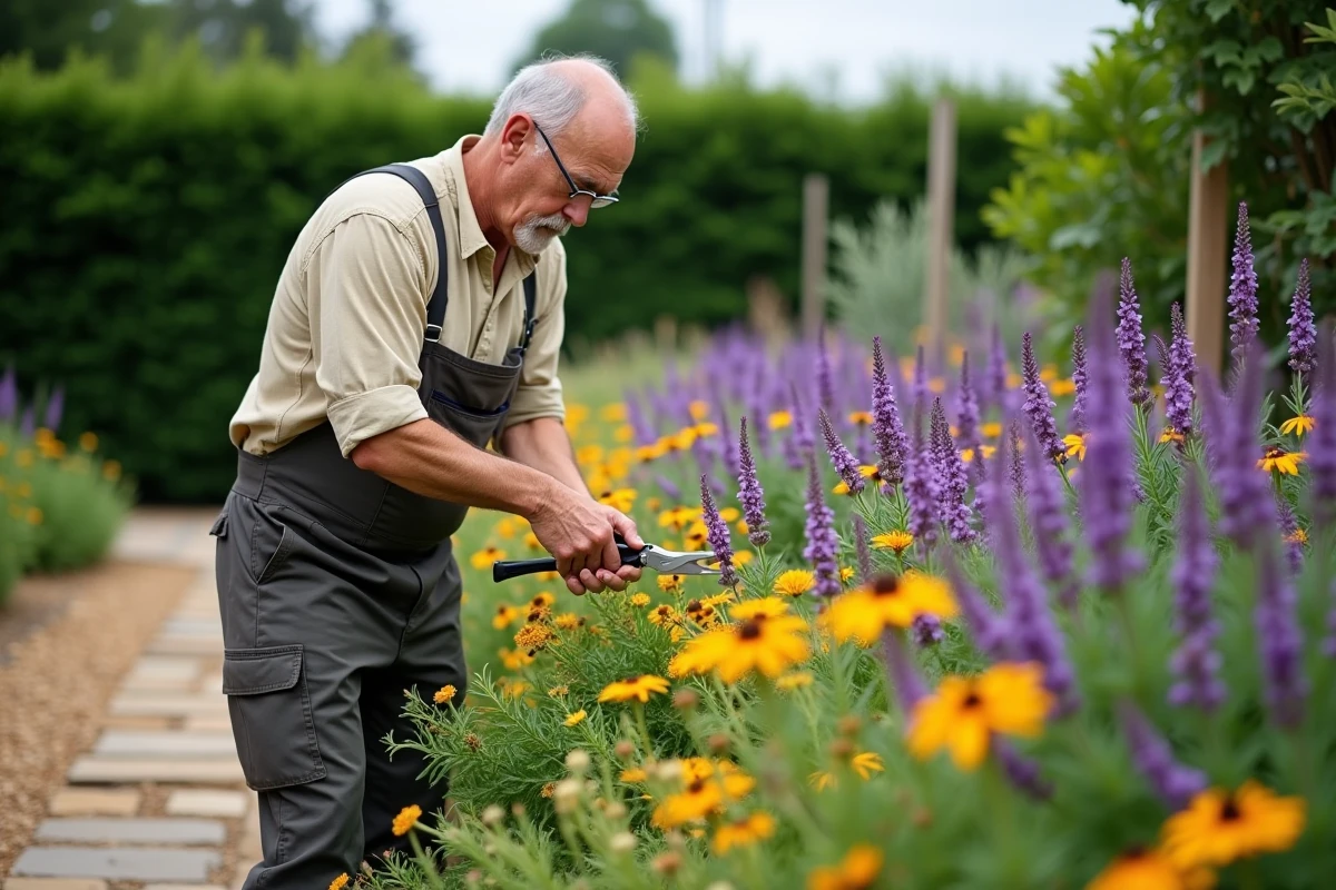 Jardinier supprimant les fleurs fanées de vivaces en fin d'été dans un massif paysager