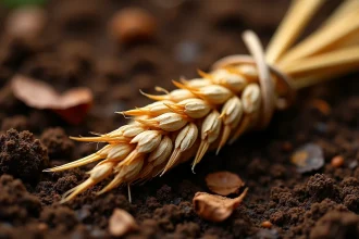 Décomposition de la paille sur un sol de jardin humide, montrant des fibres végétales en dégradation et matière organique