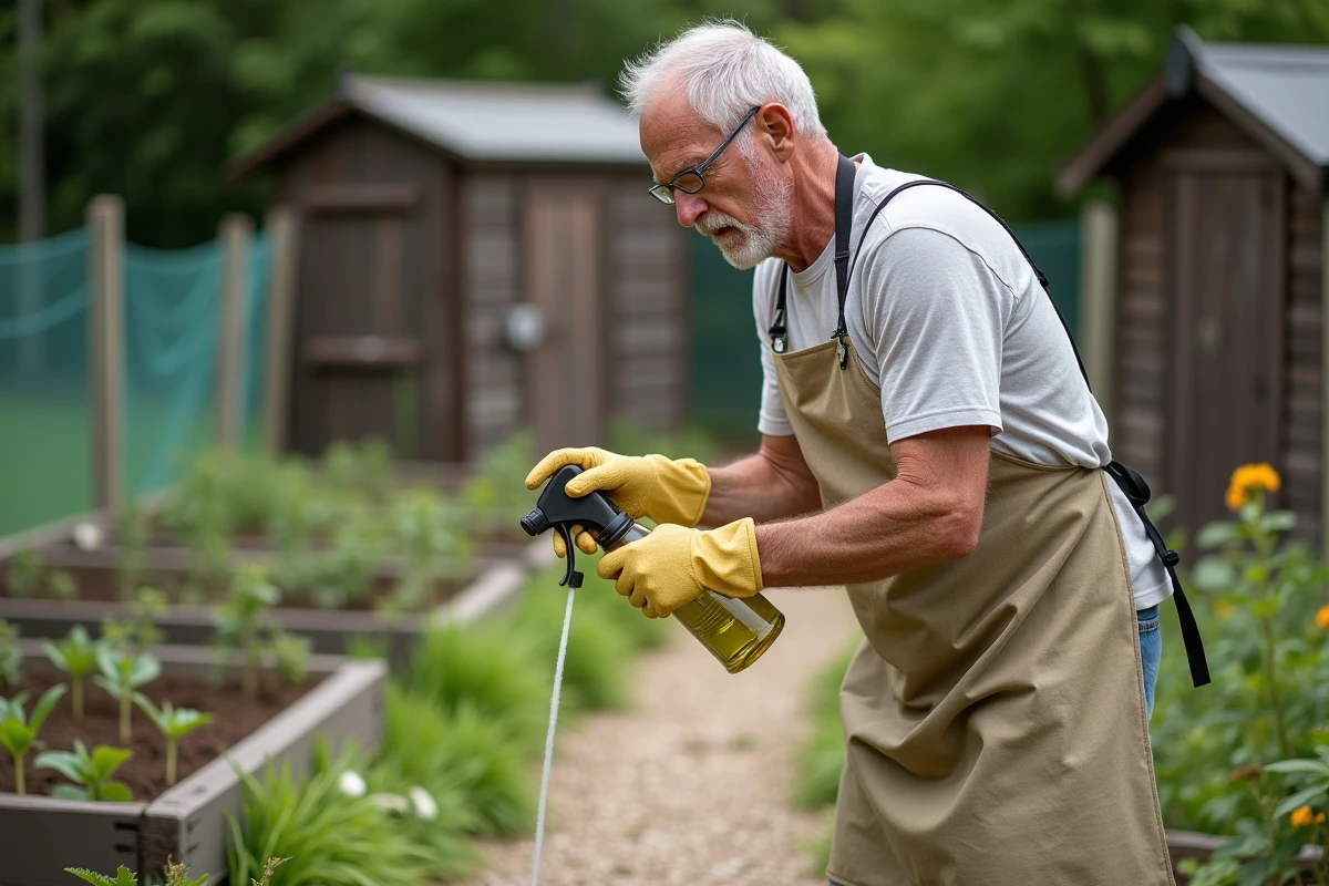 Homme âgé utilisant un spray de vinaigre ménager pour désherber une allée de gravier dans un potager