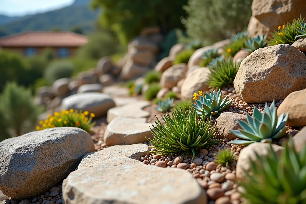 Détail d'un massif rocailleux méditerranéen avec des plantes succulentes et des roches de granit et de grès