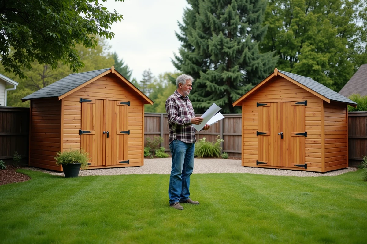 Jardin résidentiel avec deux abris de jardin en bois installés aux deux extrémités du terrain, un homme consultant des plans entre les deux structures