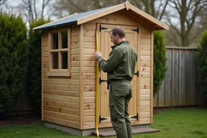 Homme mesurant un abri de jardin en bois dans un jardin résidentiel pour vérifier les dimensions sans autorisation requises