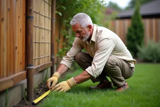 Homme mesurant la distance entre une clôture en bois et un brise-vue en bambou dans un jardin suburban