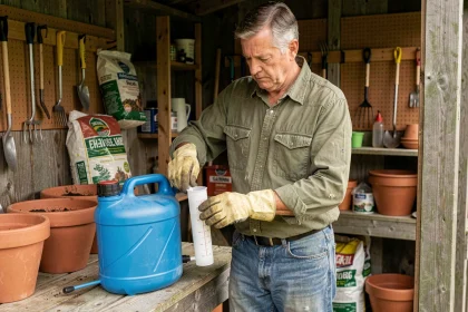 Homme préparant le dosage du glyphosate dans un pulvérisateur de 5 litres dans un abri de jardin