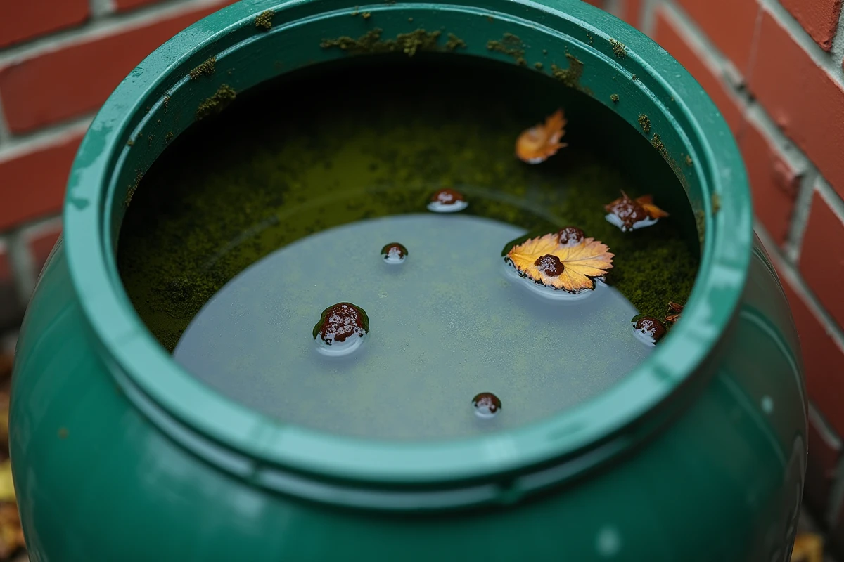 Gros plan sur l'eau stagnante et le biofilm verdâtre à l'intérieur d'un tonneau de récupération d'eau de pluie