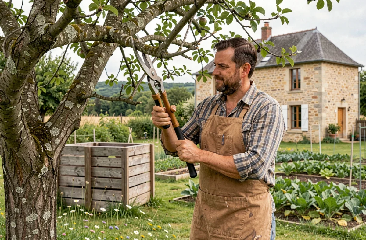 Jardinier polyvalent de l'EIRL Trigo de Azevedo taillant un arbre fruitier dans un jardin rural de Saône-et-Loire
