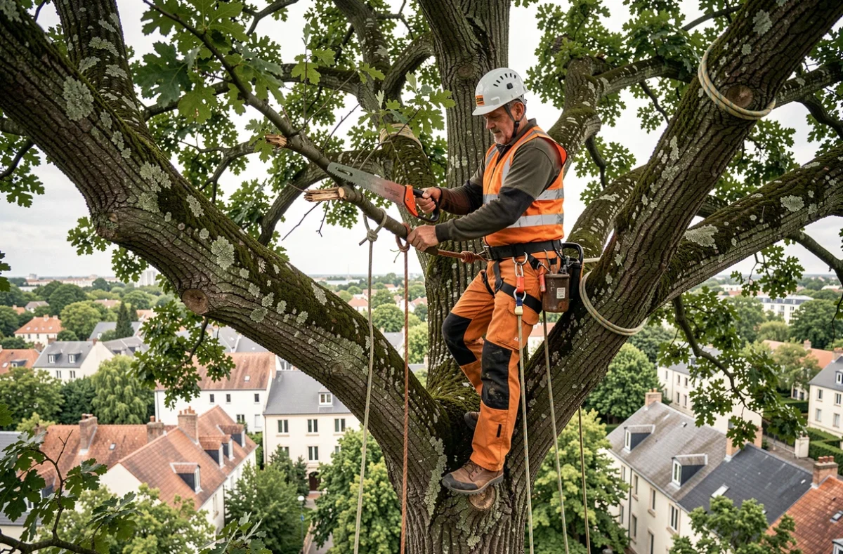 Arboriste d'Elagage Hoffmann en train d'élaguer un grand chêne en zone urbaine en Seine-Saint-Denis