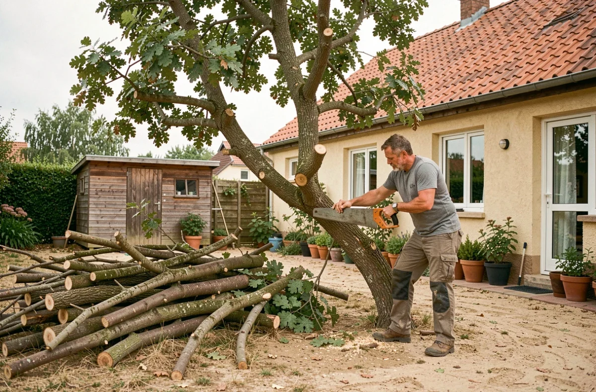 Élagueur en train d'élaguer un chêne dans un jardin résidentiel des Landes avec branches coupées au sol