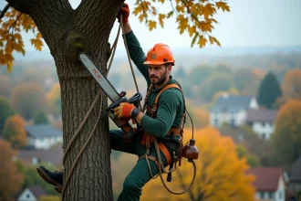 Élagueur professionnel en hauteur dans un chêne avec harnais et tronçonneuse