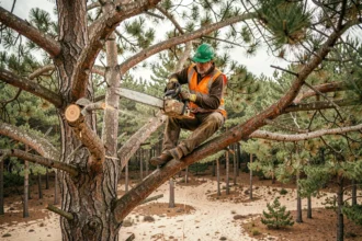 Élagueur professionnel grimpé dans un pin maritime dans les Landes avec tronçonneuse et équipement de sécurité