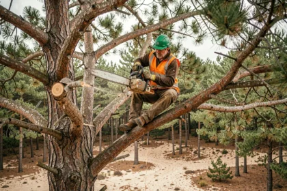 Élagueur professionnel grimpé dans un pin maritime dans les Landes avec tronçonneuse et équipement de sécurité