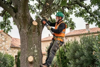 Élagueur professionnel en tenue de sécurité effectuant l'élagage d'un chêne dans un jardin résidentiel en Charente-Maritime