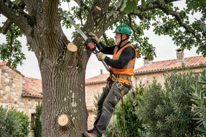 Élagueur professionnel en tenue de sécurité effectuant l'élagage d'un chêne dans un jardin résidentiel en Charente-Maritime